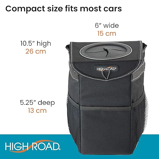 StashAway Heavy Duty Car Trash Can with Rubber Lid, 3 Storage Pockets and Sturdy Panels for Stable Floor or Hanging Seatback Use (Black)