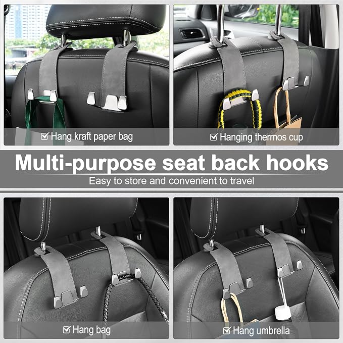 Car Seat Headrest Hook, Premium Suede Double Hook 2 Pack, Universal Hanging Accessories for Purse, Bag, Groceries - Car Interior Accessories (Gary)