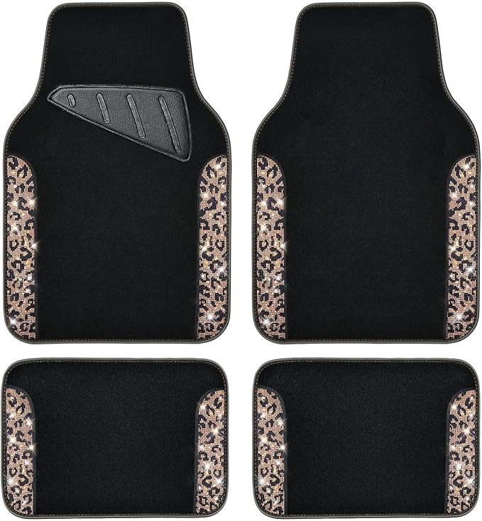 Bling Diamond Car Floor Mats, Shining Rhinestone Carpet Sparkly Glitter Crystal with Anti-Slip PVC Heel Pad Waterproof Universal Fit Automotive SUV,Sedan,Van,Cute Girl Women,4pcs Gold Leopard