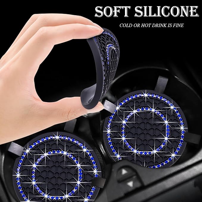 4PCS Bling Crystal Rhinestone Cup Holder Coaster, 2.75 inch Soft Silicone Anti-Slip Shockproof, Car Cup Holder Insert Coasters, Universal Car Interior Accessories for Women (Black & Blue)