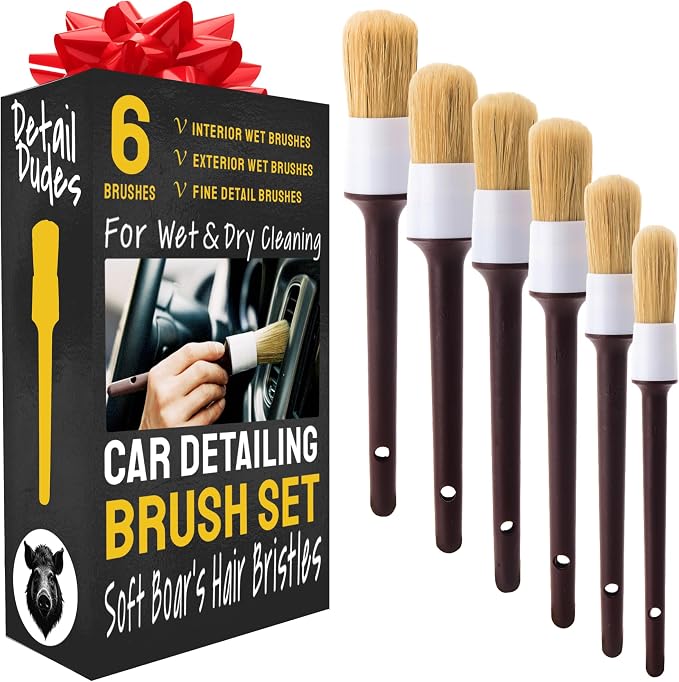 Car Detailing Brush Set 6-Pack, Interior and Exterior, | Scratch-Free Boars Hair - Exterior & Interior Cleaning Brushes - Safe for Leather, Piano Black Trim, Dashboards & Wheels