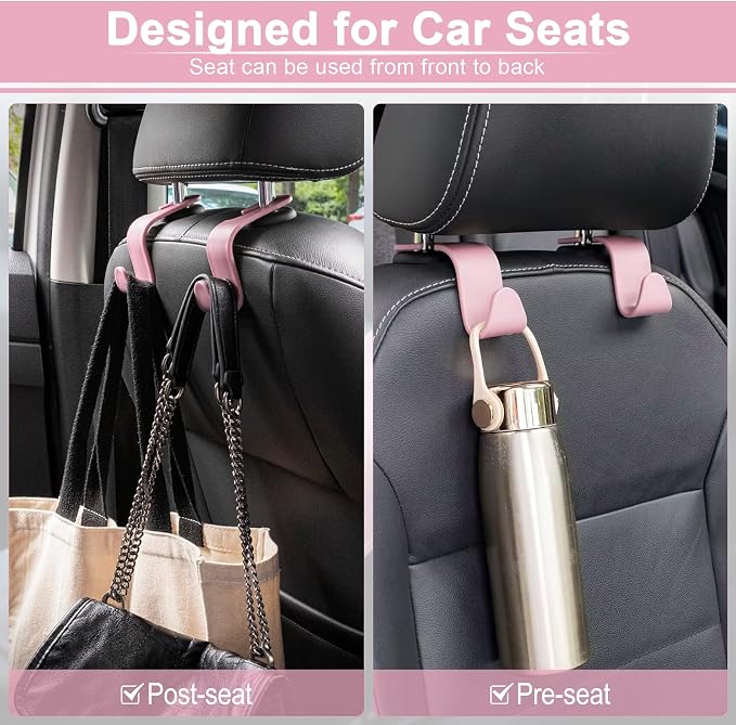 Car Seat Headrest Hook, Auto Seat Hook Hangers Storage Organizer Interior Accessories for Purse Coats Umbrellas Grocery Bags Handbag, 4-Pack - Pink