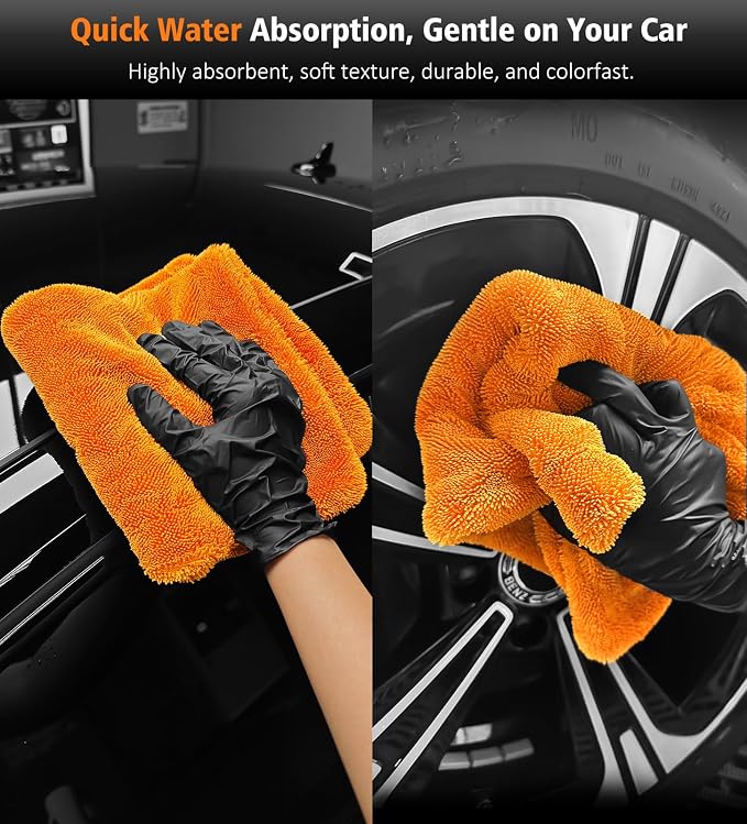 3 Pack Car Drying Towel, 24" x 36" Double Twisted Loop Car Drying Towels Extra Large, 16" x 16" Edgeless Microfiber Drying Towel and Absorbent Waffle Weave Towels for Cars Truck SUV, Orange