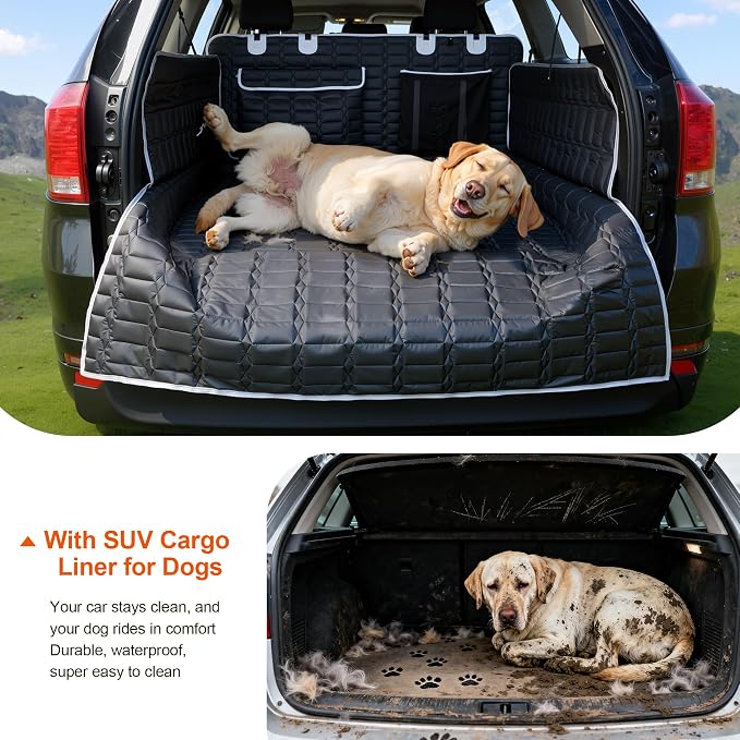 SUV Cargo Liner for Dogs, Waterproof Dog Trunk Cover with Bumper Flap Protector, Pet Cargo Mat for SUVs Sedans Vans, Non-Slip Scratchproof Dog Seat Cover, Large Size Universal Fit