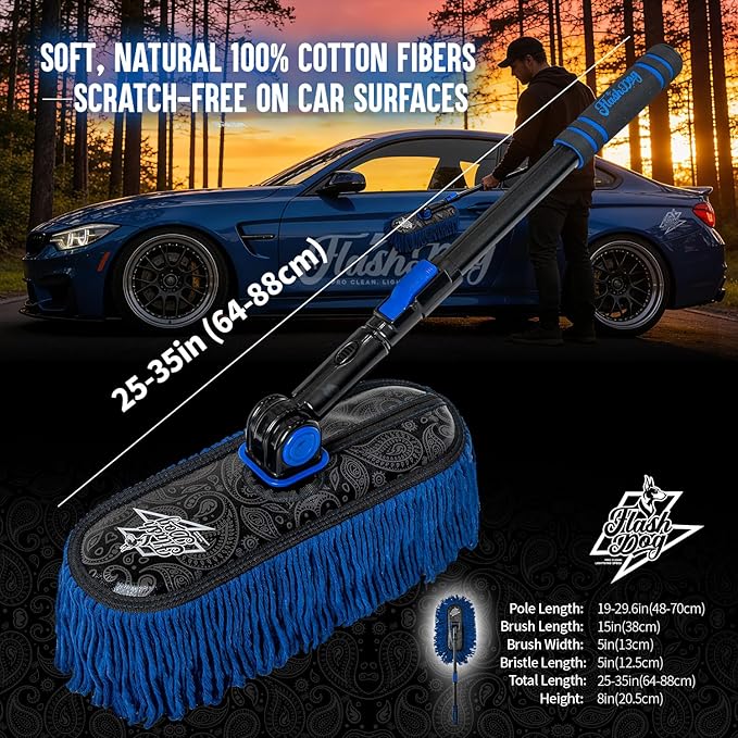 Car Duster Exterior - Wax Treated Cotton & Extendable Handle | Aluminum Alloy Handle Scratch Free Cleaning Brush for Cars, Trucks, SUVs, RVs, Motorcycles | Waterless Dust & Pollen Remover