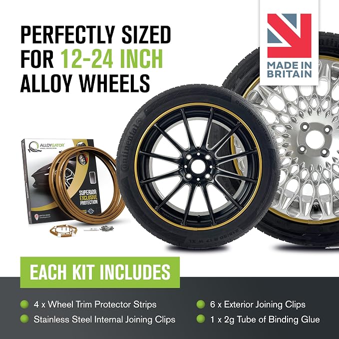 AlloyGator Gold Rim Protector for Car Wheels (Fits 12-24" Wheel Diameter) - Pack of 4 Premium Alloy Wheel Protector to Avoid Scratches & Scuffs - Adhesive Free Curb Rash Rim Protectors