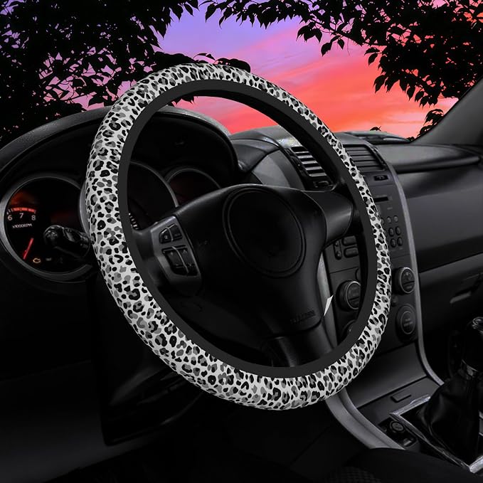 Black and White Leopard Print Steering Wheel Cover for Women Men Neoprene Breathable Wheel Cover Protector Anti-Slip Car Accessories Universal 15 Inch Fit for Cars Trucks Vehicles