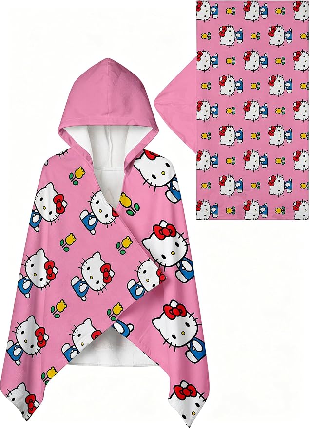 Kitty Printed Soft Cotton Terry Hooded Towel Wrap, Portable Hooded Towel for Bath Pool Beach Daily Use, 28 in x 55 in