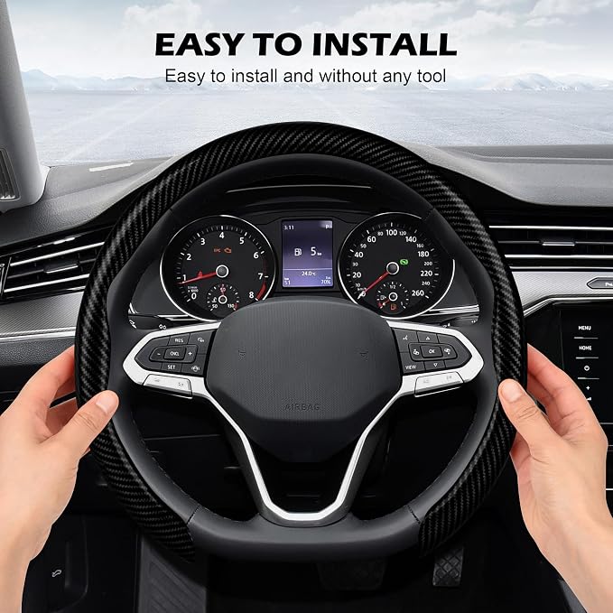 Frani Leather Steering Wheel Cover,Universal Fit 15 Inch-Premium Non-Slip Breathable Comfort Grip for Cars Trucks SUVs,Anti-Slip Durable Interior Upgrade Carbon Fiber Pattern