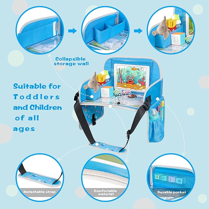 Kids Travel Tray for Boys or Girls, Travel Tray for Kids Car Seat with Tablet Holder, Dry Erase Board & Cooler Cup Holder, Road Trip Essentials Accessories for Car Trip, Airplane (2 Pack)
