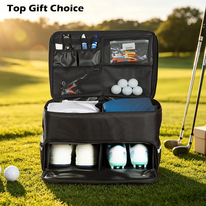 for Golf Trunk Organizer, Car Trunk Locker with Separate Ventilated, Multi-Compartment fits 2 Pairs of Shoes, Storage for Balls, Tees, Cap, Clothes, Gloves, Gifts for Golfers