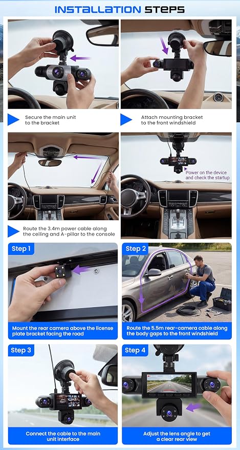 5 Channel Dash Cam 360° View, 1080P Front and Rear Left Right Inside 3.16 Inch Dash Camera for Cars, 12 Lights Night Vision, Motion Detection Camera for Cars
