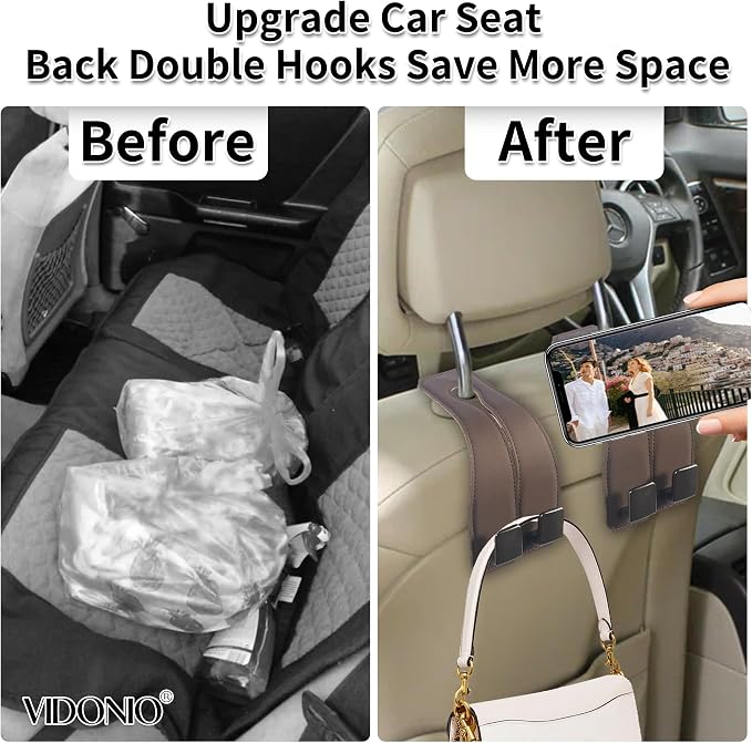 Leather Headrest Hooks for Car, 2 Pack Premium Car Seat Back Storage Hooks with Double Metal Hangers for Purses, Handbags, Groceries and Backpacks, Universal Heavy Duty Car Purse Holder Accessories