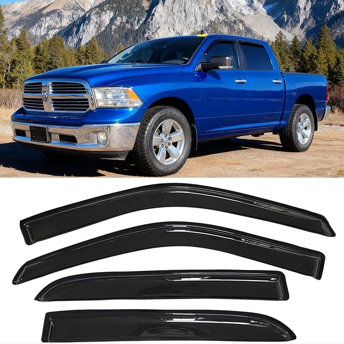 Window Visors Rain Guards for 2009-2024 Dodge Ram 1500 (19-24 Classic Body) | 10-25 Ram 2500/3500, Crew Cab Only, Window Deflectors, Vent Visor, Sun Shades, Window Shields, Truck Accessories, Dark Smoke