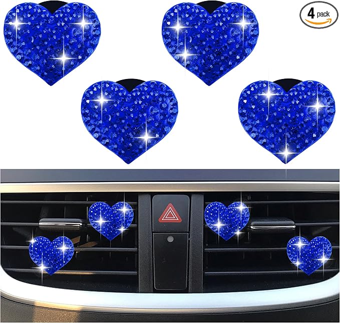 4PCS Heart-Shaped Car Vent Clips with Rhinestone,Bling Air Vent Clips Car Decorations,Premium Shiny Car Clips for Vents Accessories Interior (Royal Blue)
