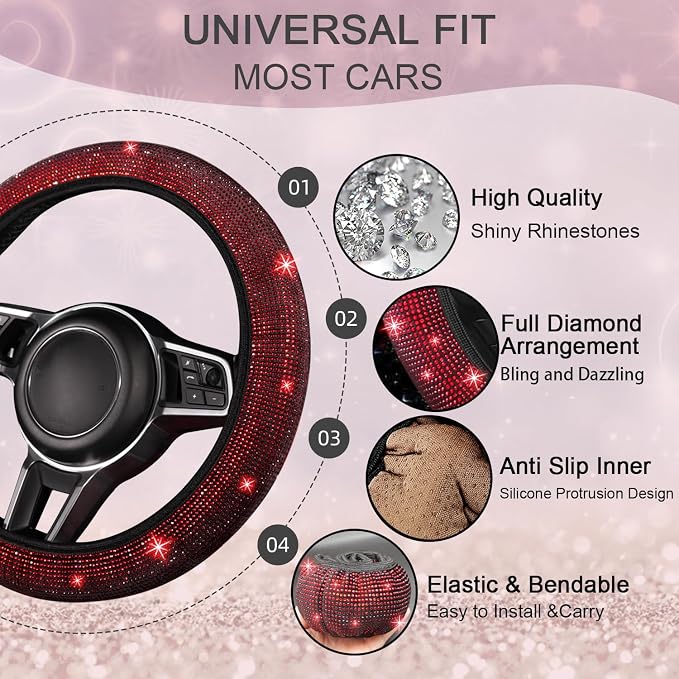 8 pcs Red Bling Car Accessories Set for Women, Steering Wheel Cover, Sparkly Seat Belt Covers, Bling Gear Shift Cover, Universal Fit Most Cars (Red Diamond)