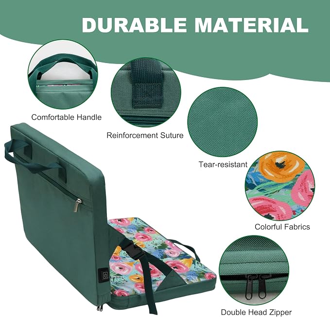Heated Stadium Seats with Backrest Foldable(No Power Bank), Cushion Pad Portable, Thick Padded with Handle, Ideal for Camping Sporting Events Concerts (Green Floral)