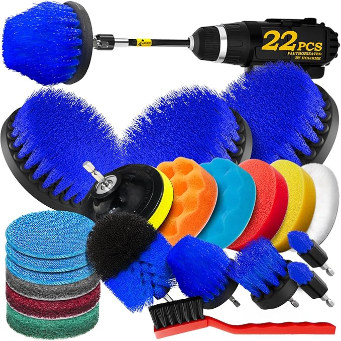 22Pack Drill Brush Attachments Set, Scrub Pads & Sponge, Buffing Pads, Power Scrubber Brush, Car Polishing Pad Kit,Wax Applicator Pad,Car Cleaning Kit,Cleaning Supplies,Masonry Brushes(Blue)