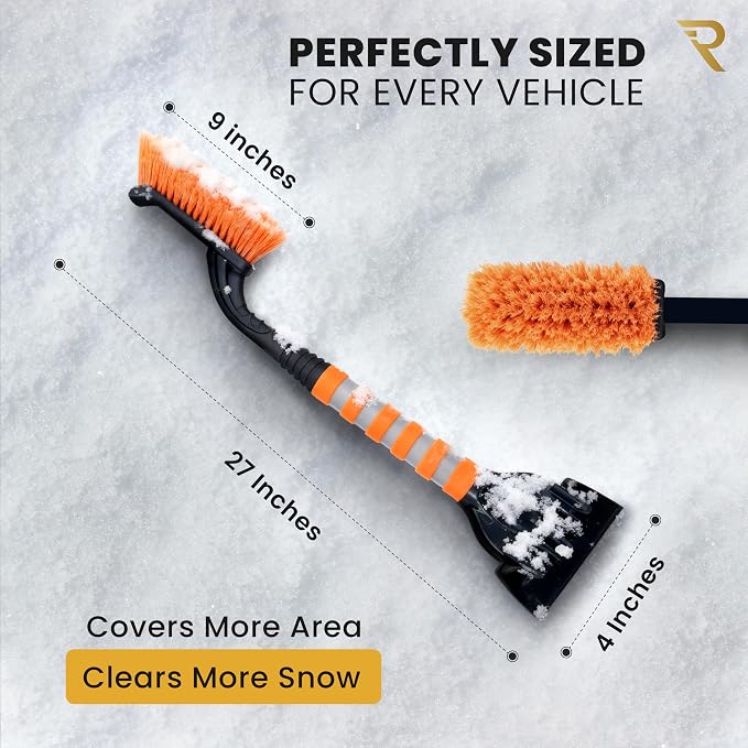27” Snow Brush and Ice Scraper for Car Windshield – Heavy Duty Snow Remover for Cars, SUVs & Trucks | Soft Non-Scratch Bristles | Detachable ABS Ice Scraper | Winter Windshield Cleaning Tool