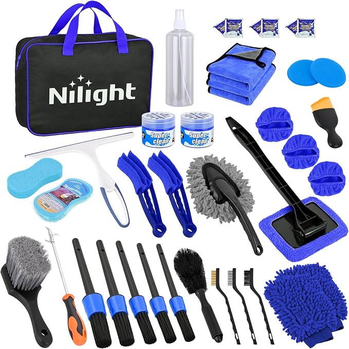 37PCS Car Detailing Kit Auto Cleaning Tools Wash Set with Storage Carry Bag Home Use for Interior Exterior Deep Clean Car Care Windshield Dashboard Seat Air Vents Wheels Tires, Blue