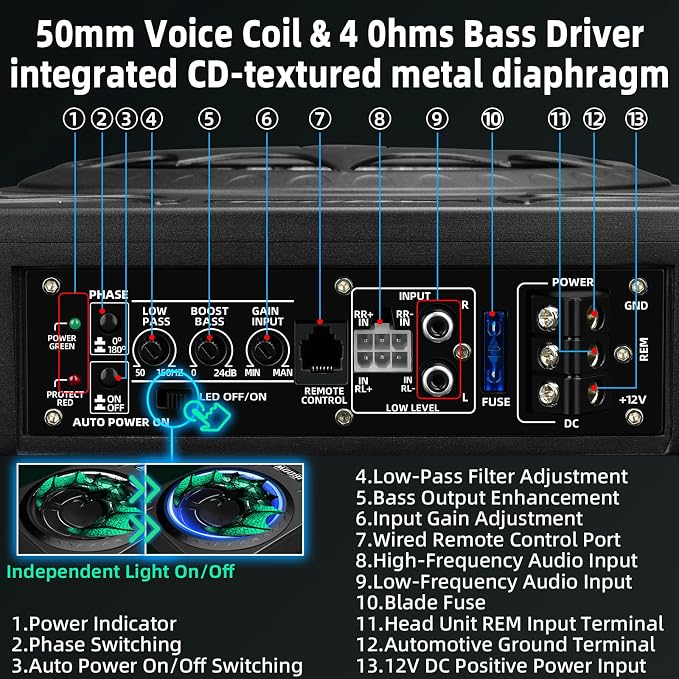 1600W Car Subwoofer, 10" Ultra-Thin Powered Under-Seat Subs with Built-in Amplifier, (LPF/Gain/Bass Boost) LED Ambient Lights, Independent Bass Knob, Distortion-Free Deep Bass for Most Vehicles