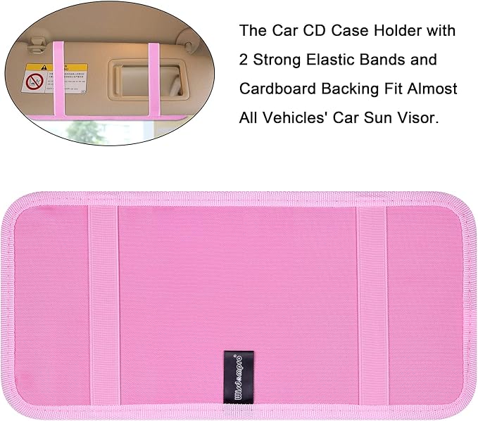 Car CD Case Holder, Vehicle Sun Visor Organizer for Cars with 12 DVD Storage Sleeves, 1 Mesh Pocket, 1 Pen Holder and Elastic Strap, Pink