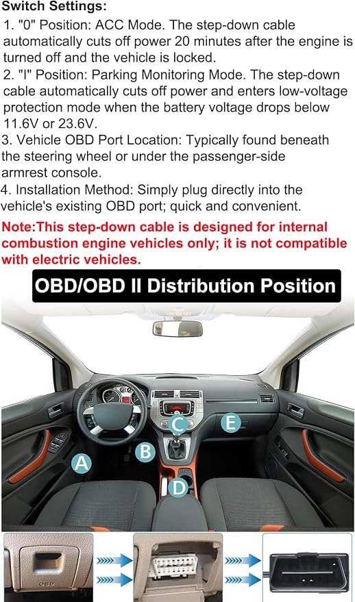Dash Cam OBD Hardwire Kit, Micro USB Hardwire Kit with OBD Power Cable for Dashcam 12-24V to 5V/3A with Low Voltage Protection 24h Parking Surveillance/Acc Mode for Dashcam, GPS or Radar