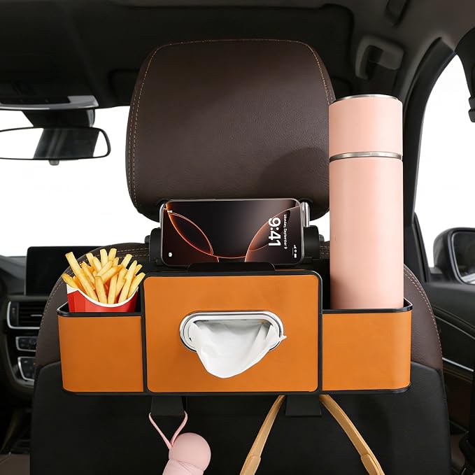Back Seat Car Organizer, 4+2 in 1 Multifunctional Car Backseat Storage Box with 5 Cup Holders Tissue Box Hook, Car Interior Storage for Travel Phones Snacks Drinks(Orange)