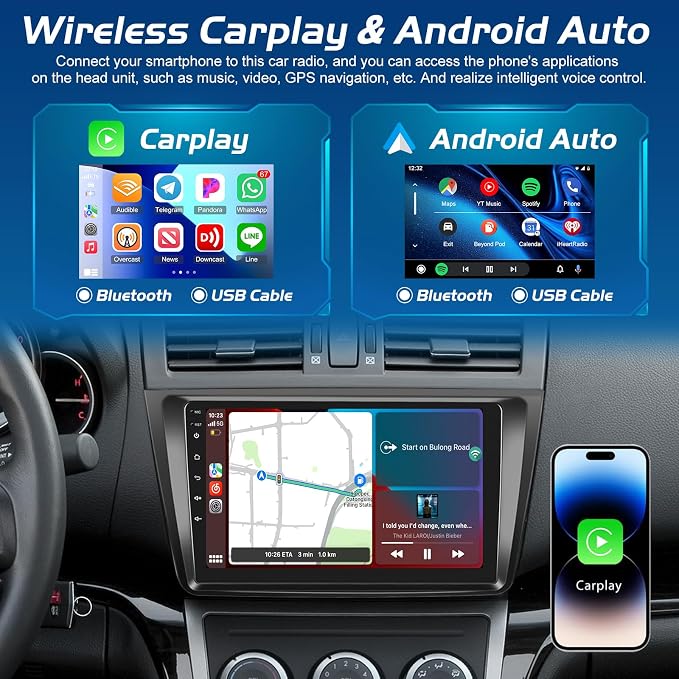 Android Radio for Mazda 6 2007-2012 with Wireless Carplay and Android Auto | [4+64G] Car Stereo 9 Inch Touchscreen, GPS Navi, WiFi, EQ Audio, SWC, Mirror Link, Bluetooth + AHD Backup Camera