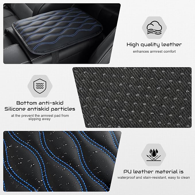 Car Center Console Cover, Upgraded Leather Car Armrest Cushion, Universal Waterproof Cushion Pad, Non-Slip Car Interior Accessories, Fits Most Sedans SUVs Trucks (Blue Line)