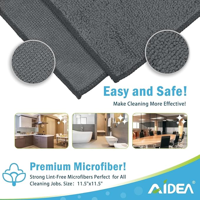 AIDEA Microfiber Cleaning Cloth Grey 100PK, Microfiber Towels for Cars, Premium Car Cloths, Dusting Cloth Lint Free Cleaning Rags for SUVs, House, Kitchen, Window, Workshops,11.5"×11.5"