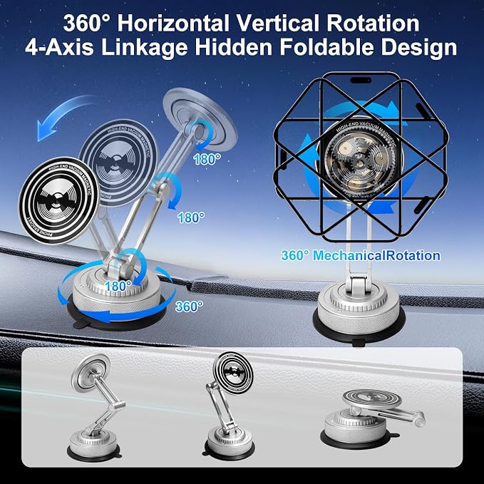 All-Metal Alloy Long Arm Magnetic Suction Cup Car Phone Mount(Silver) | Strong Powerful Magnetic Heavy-Duty Windshield Dash 360° Mechanical Rotation Cell Mobile Phone Vehicle Bracket for All Cars