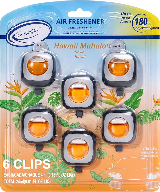 Hawaiian Scent Car Air Freshener Vent Clip 6 Ct, Long Lasting | Up to 180 days, Natural Essential Oil Car Fragrance for Women and Men, Odor Eliminator - 4ml Each