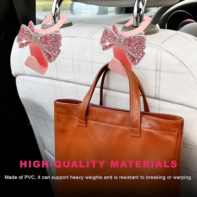 2PCS Bling Bow Car Seat Headrest Hooks, S-Type Crystal Auto Rear Seat Organizer for Handbags Purses Groceries, Cute Rhinestone Bow Seats Back Storage Hook for SUV Truck Sedan (Pink)