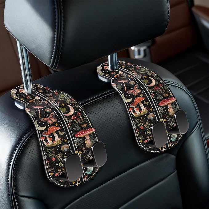 2PCS Car Seat Back Storage Headrest Hooks, Mushroom Moon Purse Holder Bags Hanger, PU Leather Double Metal Hook for Backseat Organizer, Women Car Accessories Organization