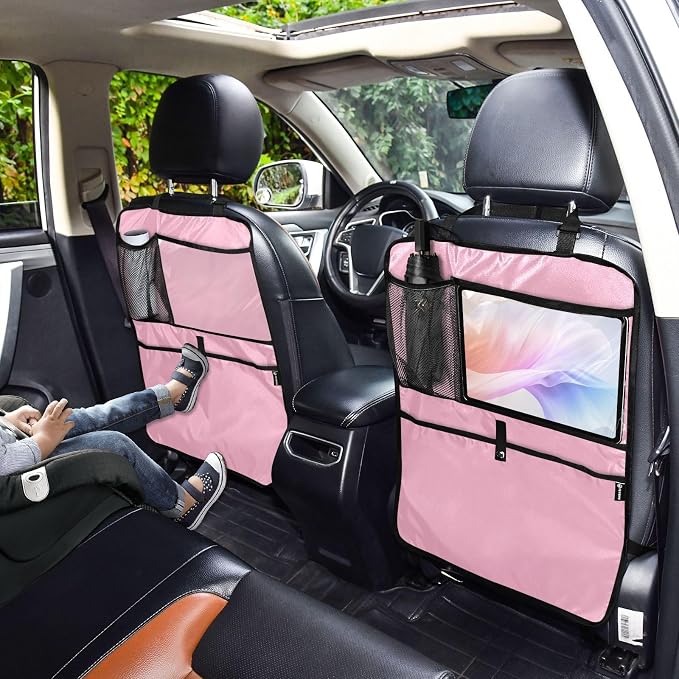 Pink Car Seat Organizer for Kids Backseat Kick Mat with Adjustable Strap Back of Seat Protectors for Cars Vehicle SUV 1 Pcs