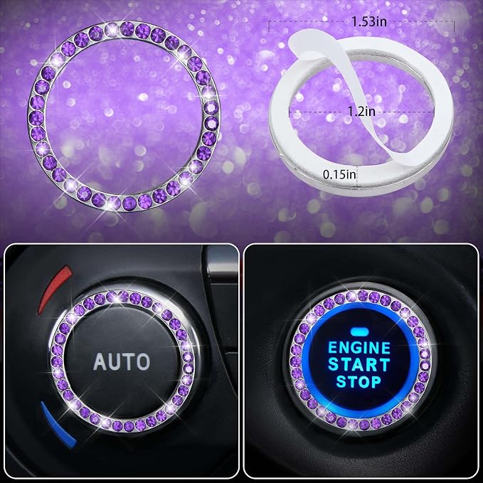 11PCS Bling Purple Car Steering Wheel Cover Set for Women, Sparkly Rhinestone Diamond Bling Seat Belt Cushion, Glitter Shift Knob Cover, Car Cup Holder Coaster, Interior Sets Violet 14.5"-15"
