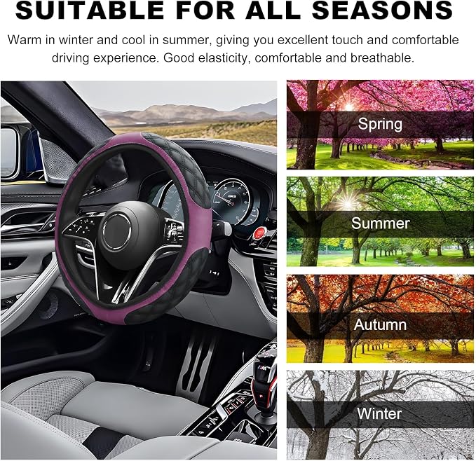 Car Steering Wheel Cover, 15-Inch Non-Slip Leather Steering Wheel Protector, Universal Soft Cover Mat For Car Truck SUV, Interior Car Accessories (Purple)