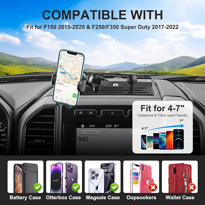 Dash Mount Phone Holder Compatible with 2015-2020 F150 2017-2022 F250 F350 Metal Cellphone Mounting Bracket Stand for Most CellPhones