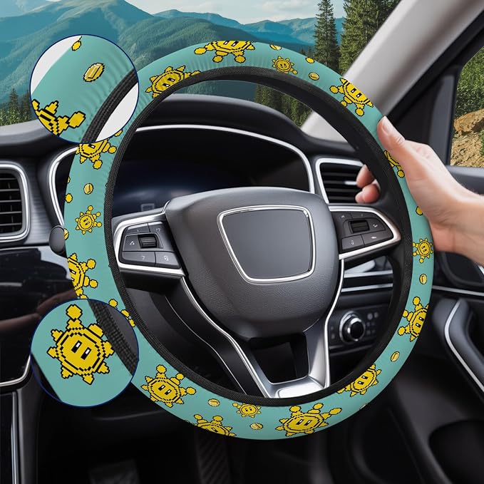 Yellow Retro Game Star Steering Wheel Cover, Non-Slip Polyester Wheel Grip, Universal 15 Inch Car Accessory