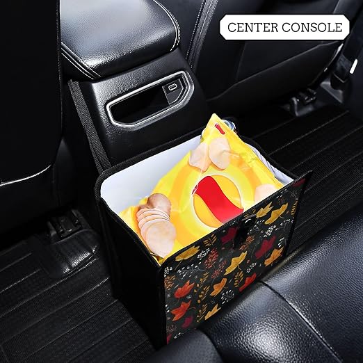 Car Trash Can Organizer Bin with Adjustable Strap for Back Front Seat Console Waterproof Leakproof Collapsible Portable 11 Inch Autumn Leaf Pattern Black