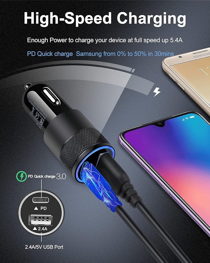 30W PD USB C Car Charger, USB Type C Fast Power Charging Block Dual Port USB A & USBC Plug Cargador Carro Lighter Adapter for iPhone, iPad, Samsung Galaxy, LG, Google Pixel, Moto, USB-C Port
