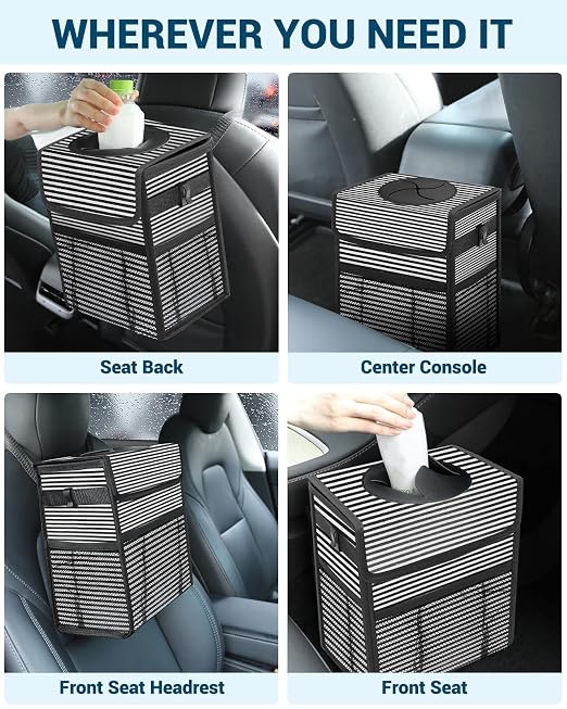 Car Trash Can with Lid, Leakproof Car Trash Bag Hanging Waterproof Automotive Garbage Can with Storage Pockets Mini Vehicle Trash Bin for Back/Front Seat(Stripe,2.5 Gallon)