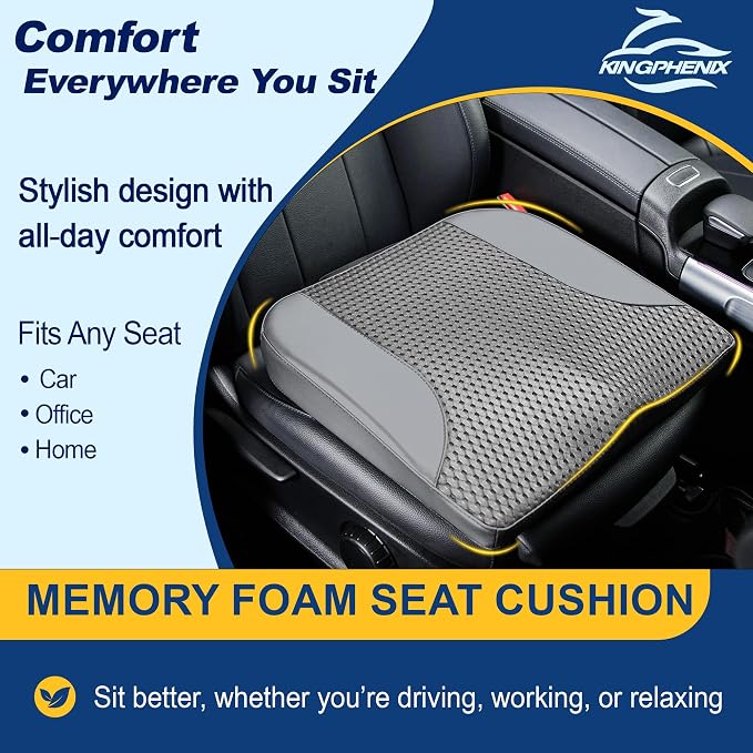 Car Seat Cushion – Memory Foam Pad for Driving Comfort – Boosts Height and Relieves Coccyx & Lower Back Pain – Car, Truck, Office Chair (Leather & 4D Mesh Gray)