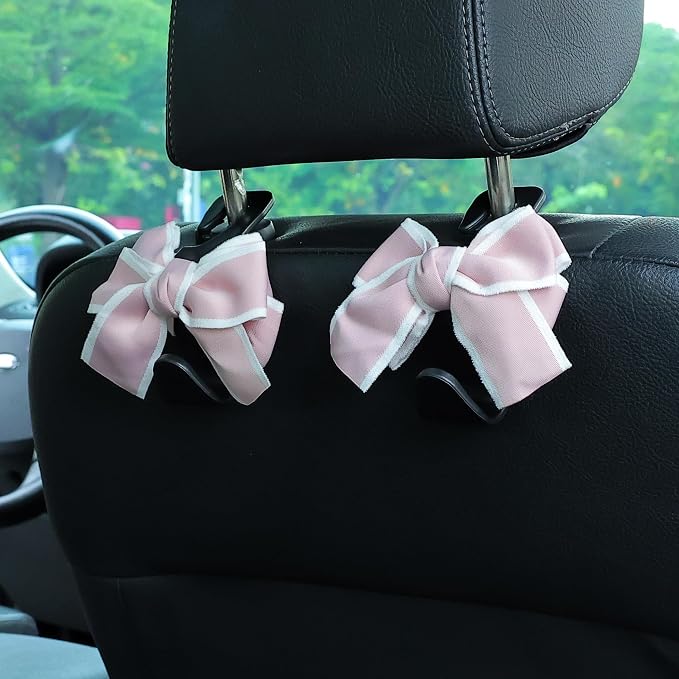 Car Seat Headrest Hook Cute Bowknot Vehicle Hanger Car Storage Organizer for Handbag Purse Coat Grocery Bag Black Pink