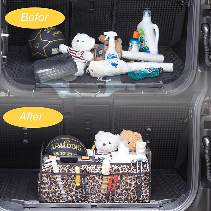 Car Trunk Organizers and Storage Collapsible Multi Compartment Container Box, Adjustable Car Accessories for SUV Sedan Truck, Large Size, Leopard Print