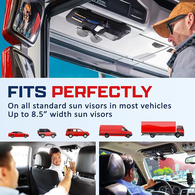 Car Sun Visor Organizer – Car, SUV, Truck Interior Accessories - Magnetic Glasses Holder & Full Length Horizontal Pockets, Allows Safe Driving - 12.2 X 6.1 In, Black