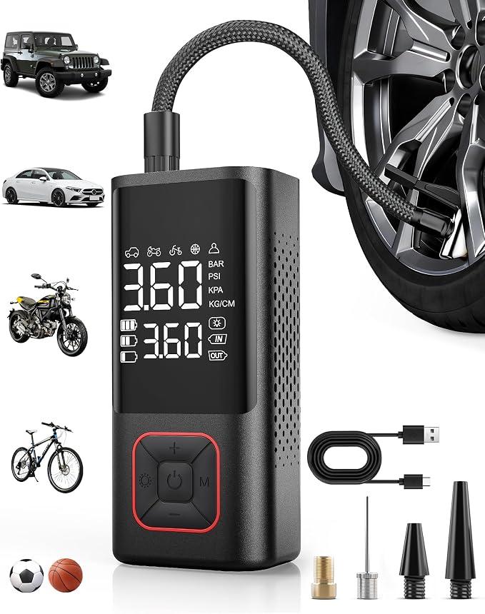 Cordless Tire Inflator 150PSI Portable Air Compressor with Auto Shutoff, Air Pump for Car Tires, Motorcycle, Bike, Balls, Inflatables, LED Light, Red, Standard Capacity