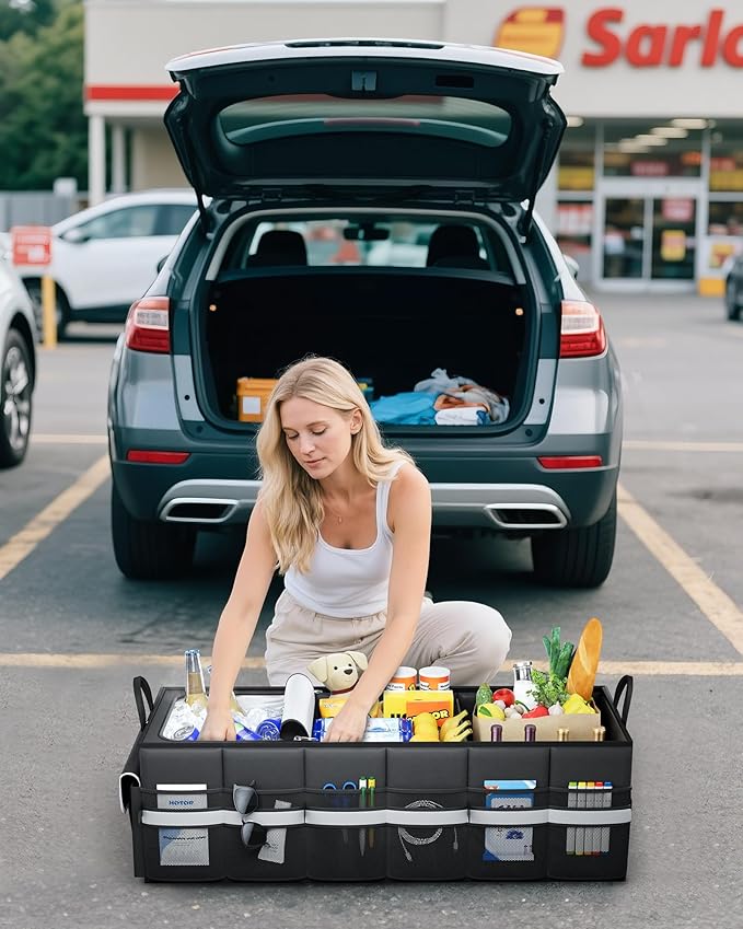 Trunk Organizer - Car Organizer with Built-In Leakproof Car Cooler, Collapsible Trunk Organizer with Cooler for SUV, Sedan, with Base Panel (3 Compartments, Black), 35.4"×14.2"×10.6"