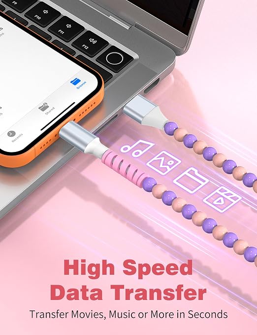 USB A to USB C Cable 6FT,Beaded Charger Cord for iPhone 17 16 Pro Max 16e 15 Car play,TypeC Cute Car Charger Cord for iPad 10 11th A16/Samsung S26 S25 S24 S23 S22/Android Phone Girls Women,Pink Purple